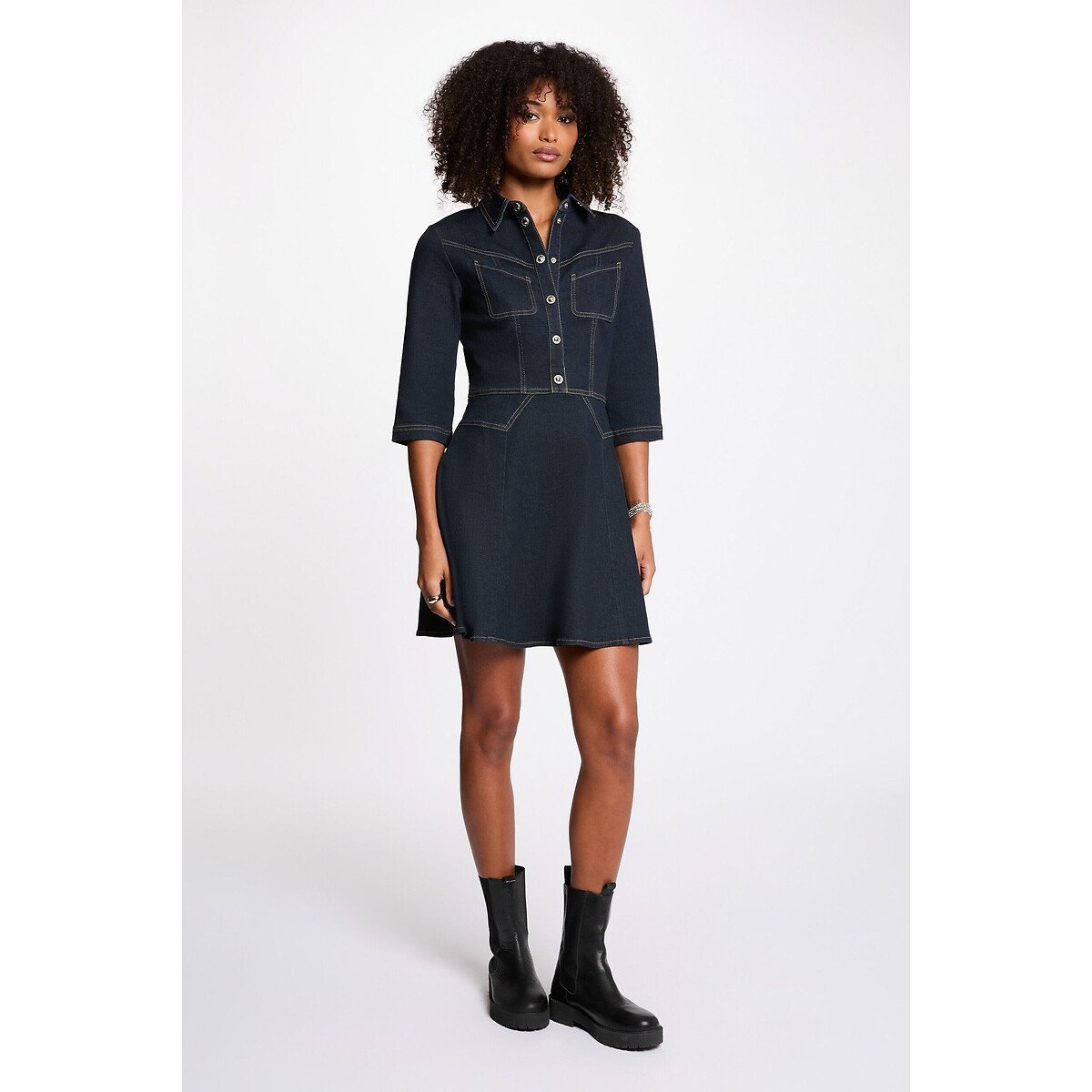 Robe courte en jean manches longues col chemise bleu brut, MORGAN
