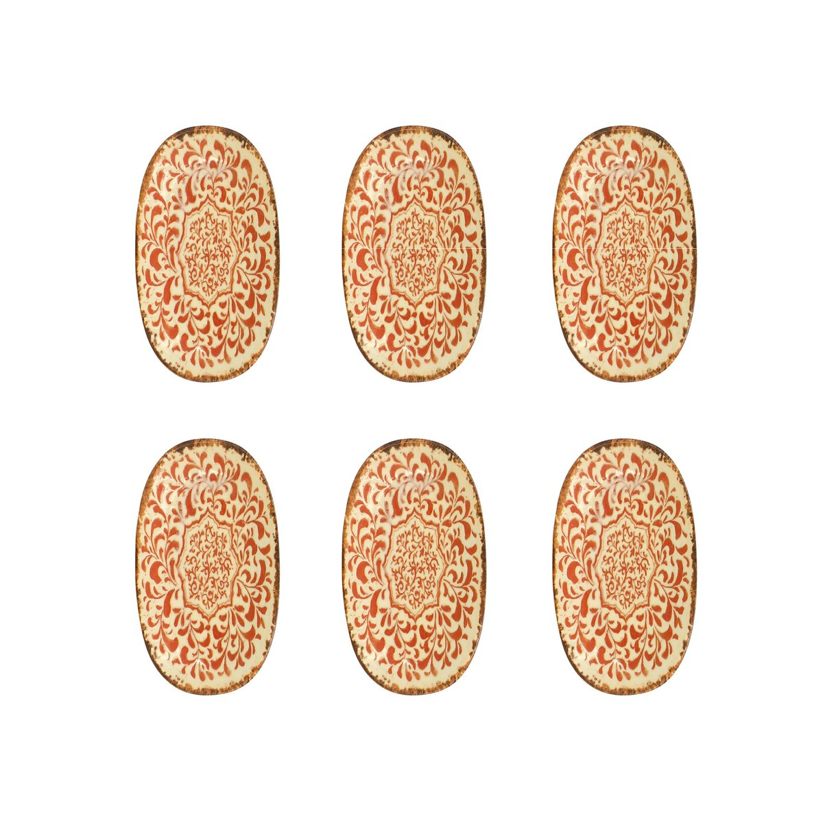 Lot de 6 assiettes ovales 19cm en porcelaine, PALAZZO rouge, OGO LIVING