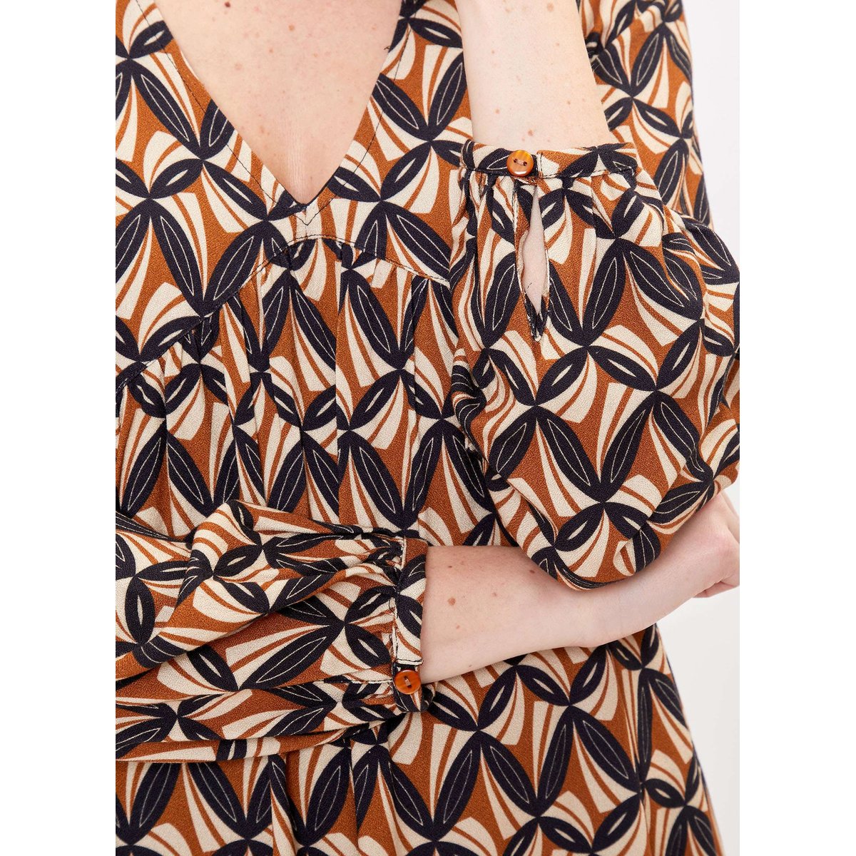 Robe évasée imprimée rétro ITA beige camel, PRINCESSE NOMADE