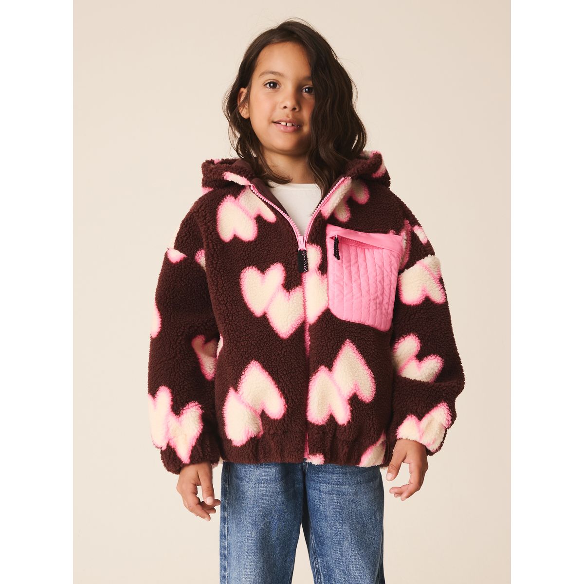 Veste à capuche zippée en peau lainée cœur marron/rose, NEXT