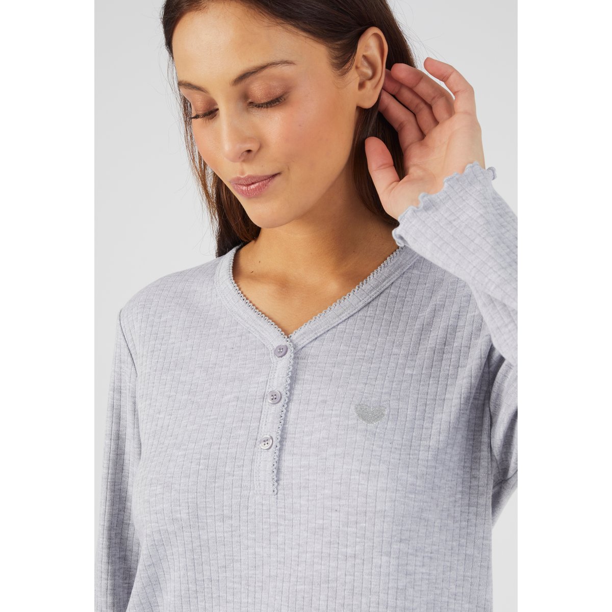 Chemise de nuit maille interlock côtelée douce et souple gris chiné, DAMART