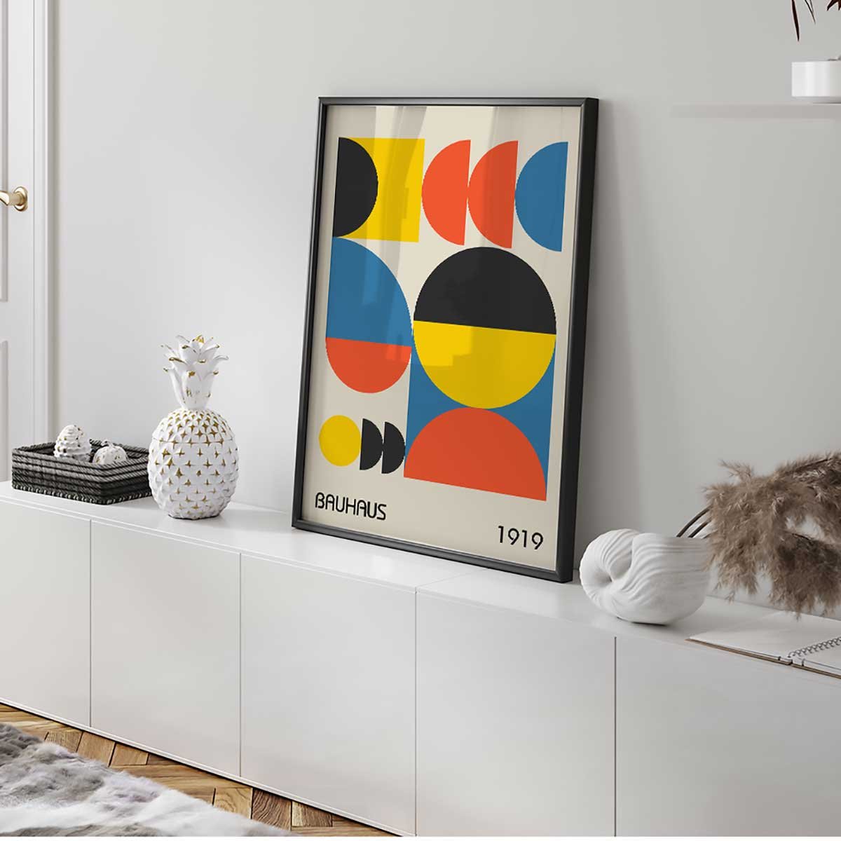 Affiche encadrée bauhaus formes abstraites colorées affiche + cadre en métal - noir, HEXOA