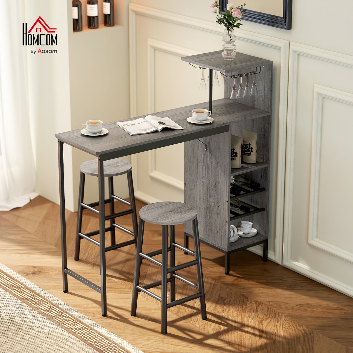 Ensemble de table de bar MDF Bois naturel bois naturel, noir, HOMCOM