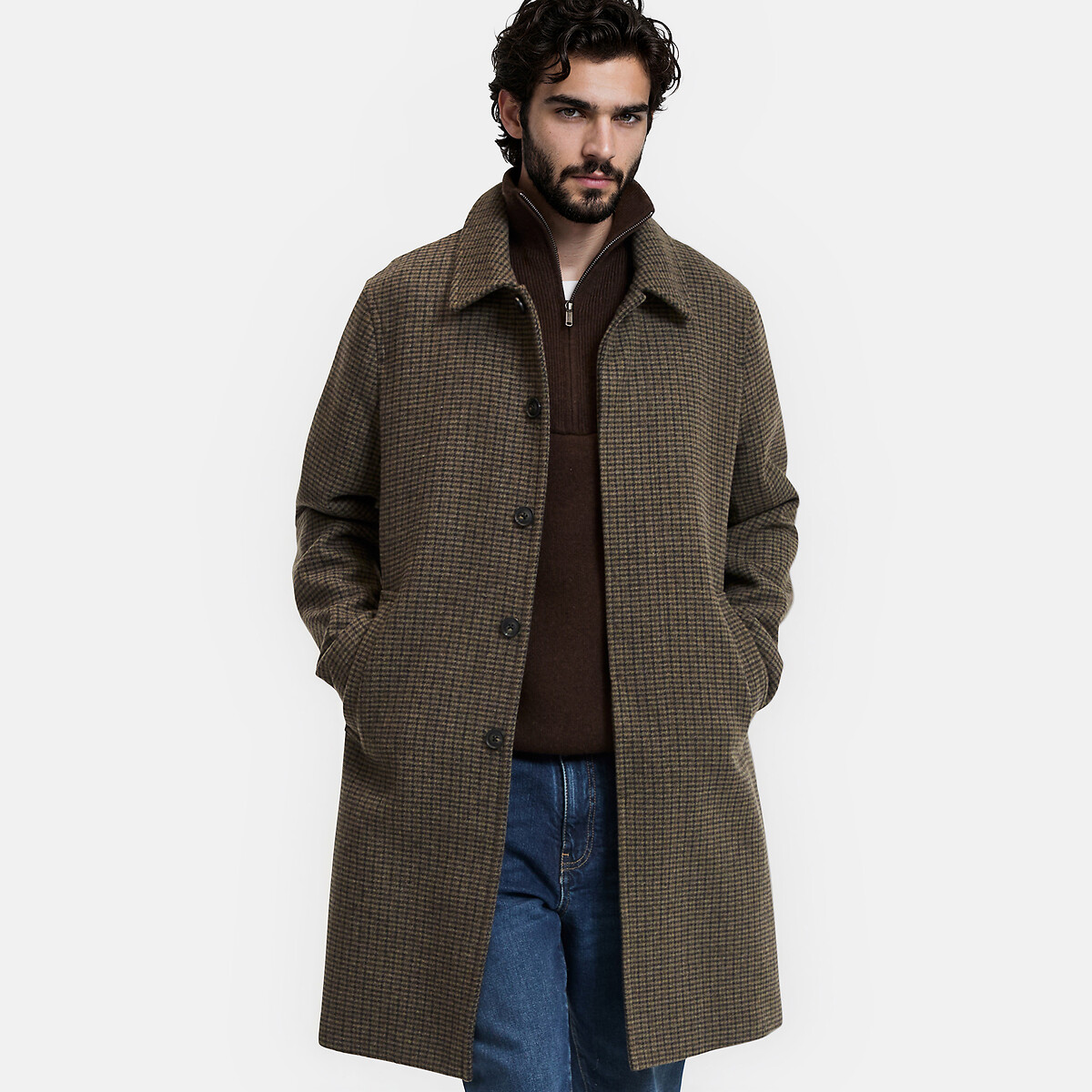Manteau long en laine mélangée plein hiver, à col chemise, Signature VIRGIL marron carreaux, LA REDOUTE COLLECTIONS