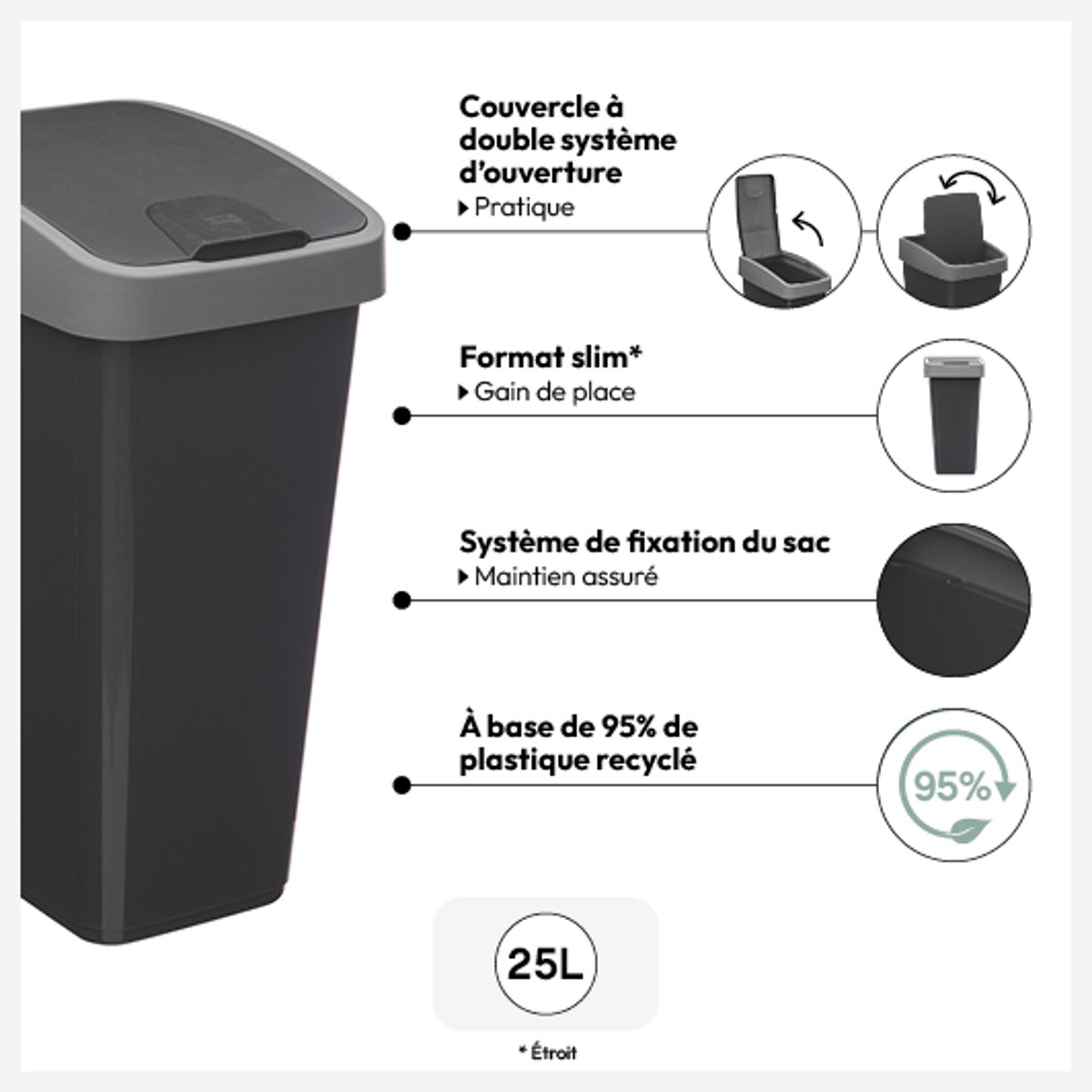Poubelle de cuisine rectangulaire double ouverture 25L anthracite, 5FIVE SIMPLY SMART