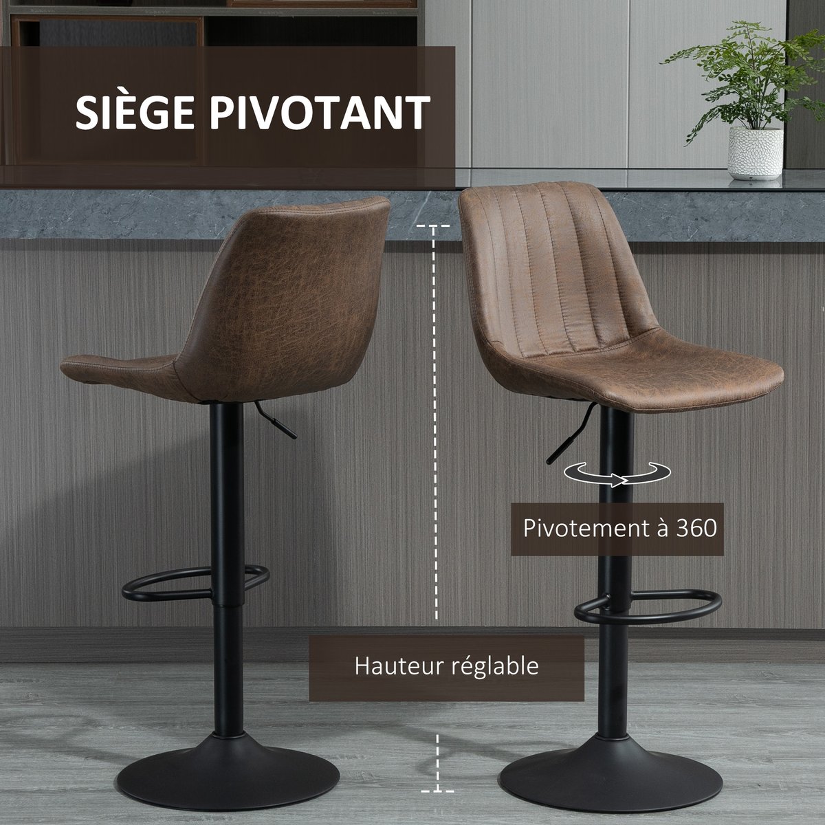 Tabouret de bar Tissu Marron marron et noir, HOMCOM