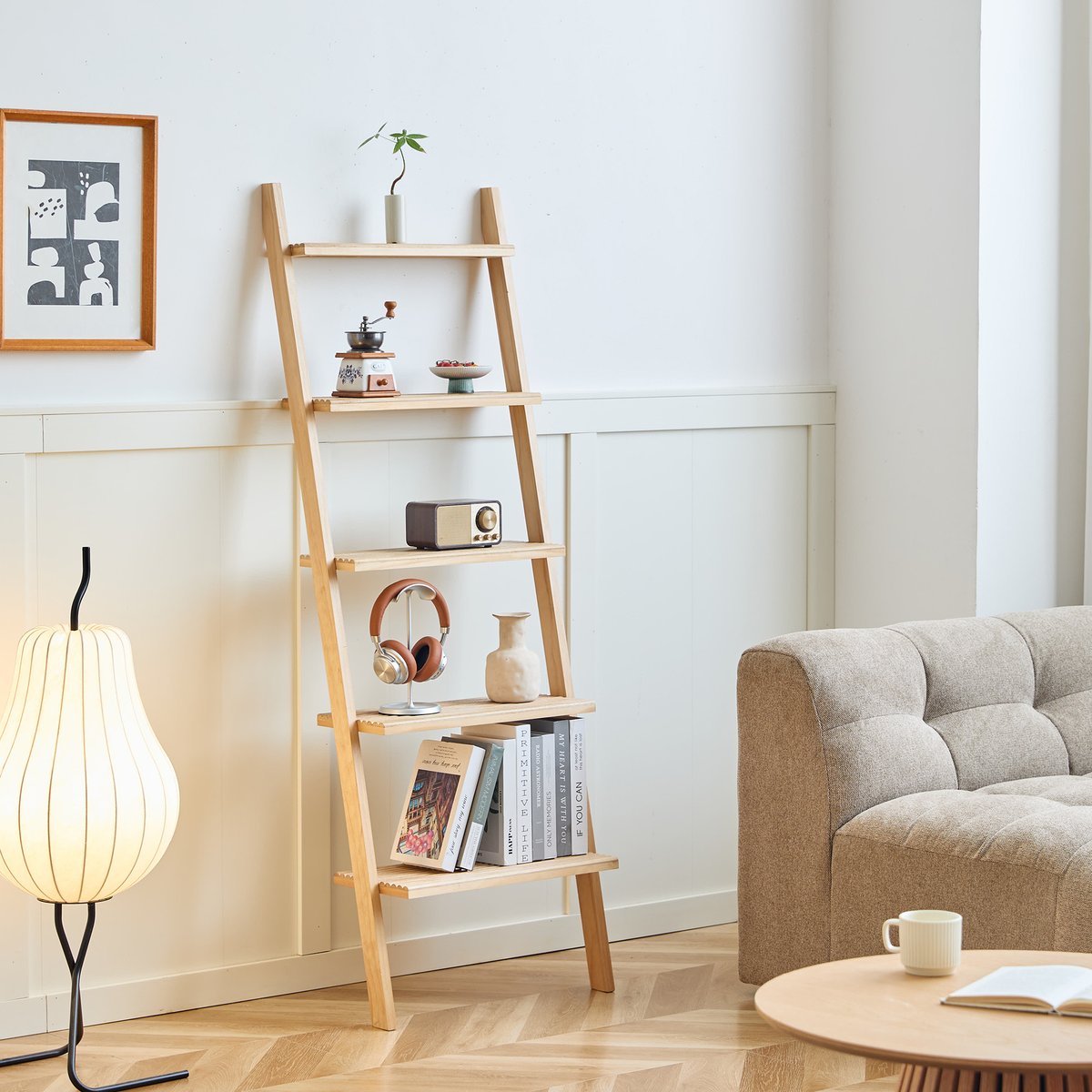 Etagère échelle 5 niveaux, bois et rotin, SMOGEN bois naturel, NORDLYS