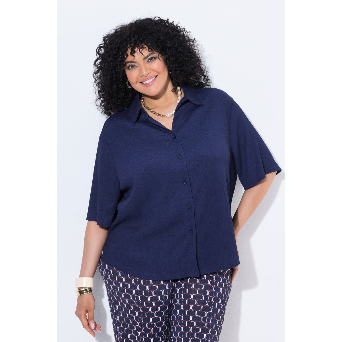 Chemisier à manches courtes et col chemise marine, ULLA POPKEN