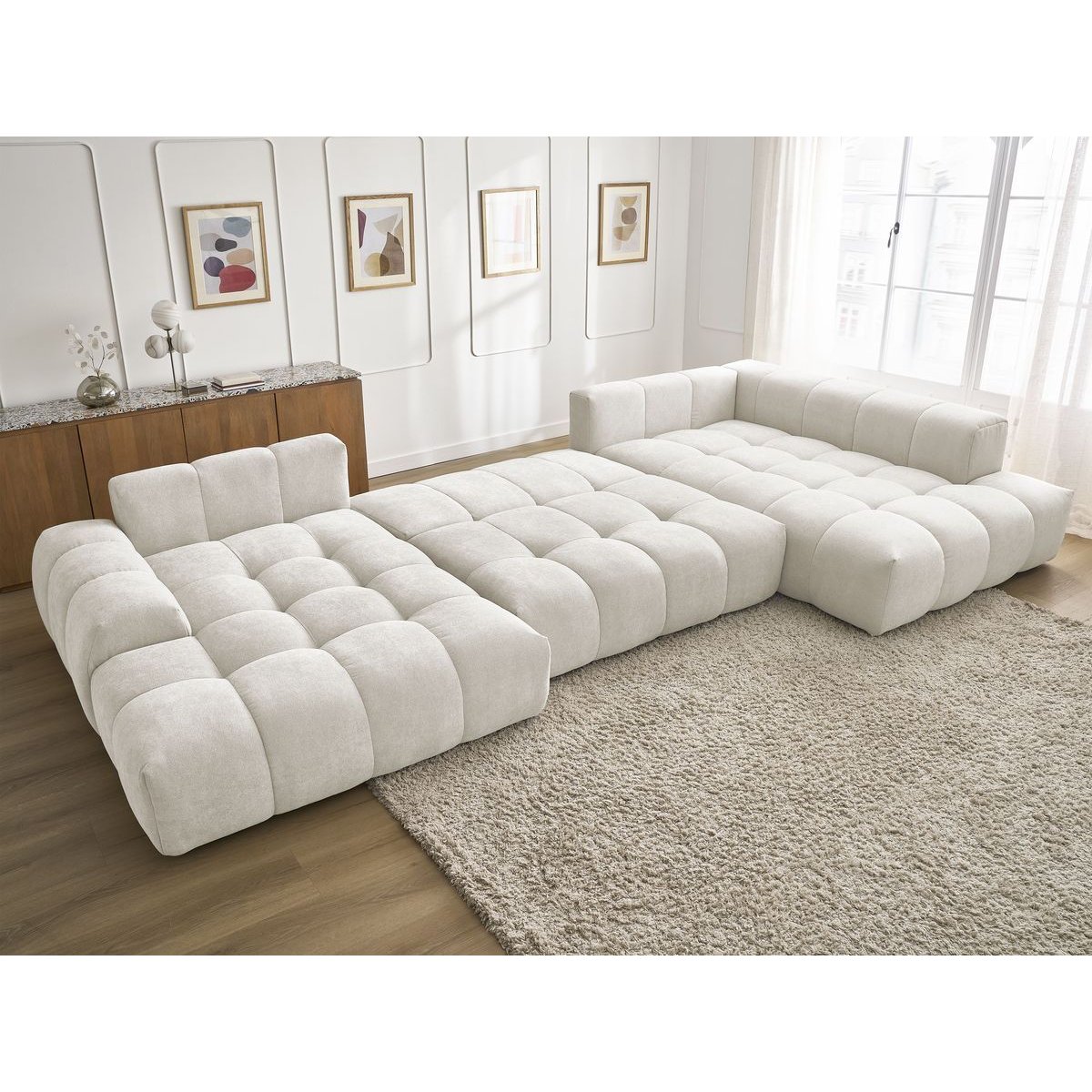Canapé panoramique convertible 6 places en tissu texturé, EVEREST blanc, BOBOCHIC