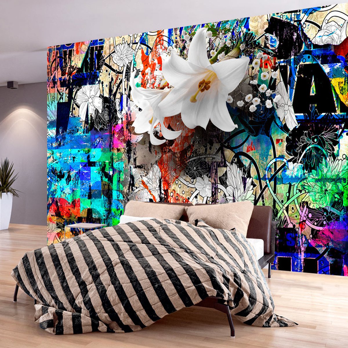 Papier peint intissé panoramique Street art Urban Lily bleu, EDEN
