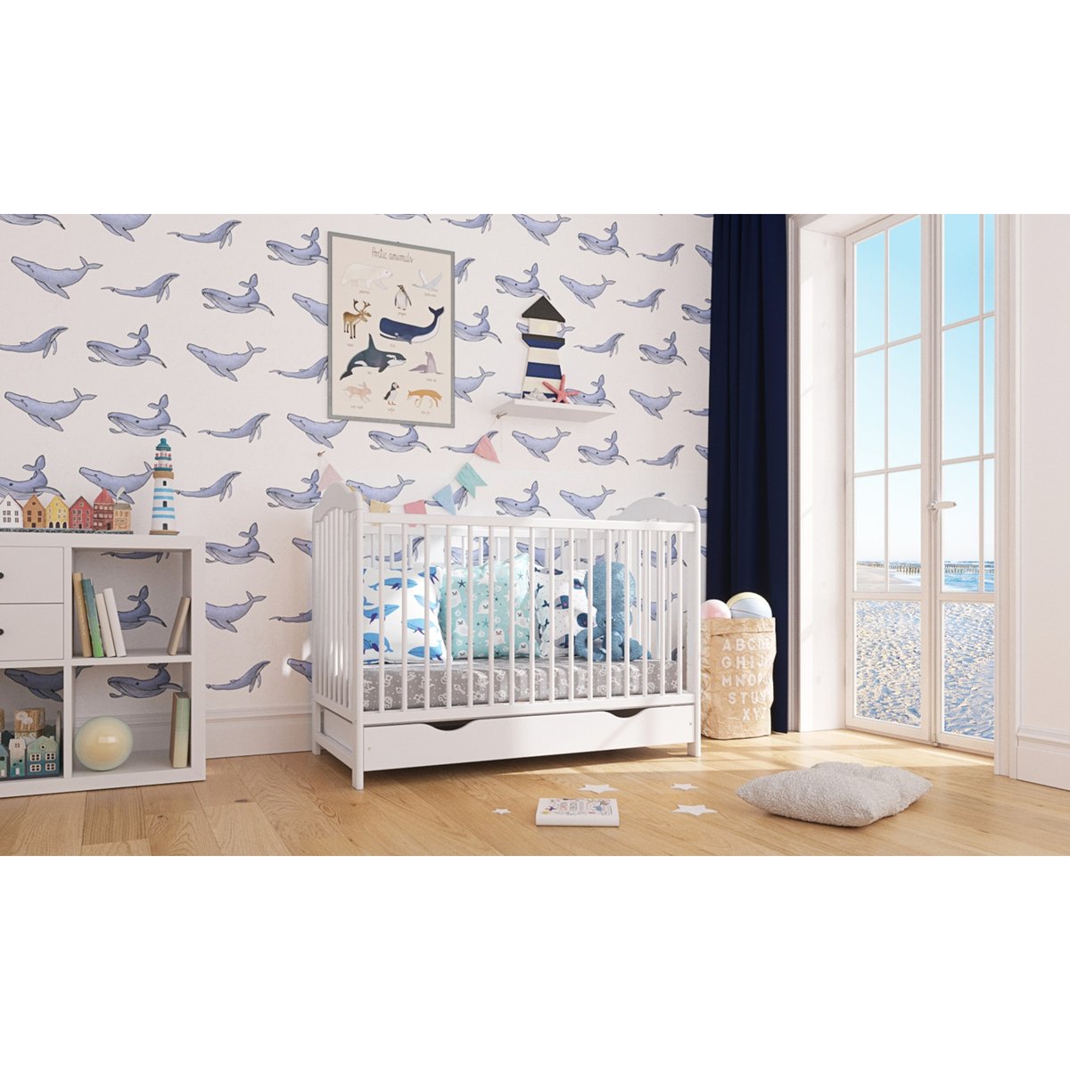 Lit bébé évolutif avec tiroir - CHIARA - 120x60 cm blanc|bois, PREMIERS MOMENTS
