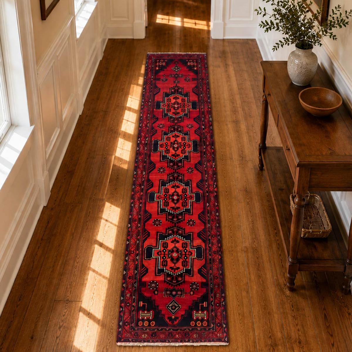 Tapis d'orient, motif oriental noué à la main, HAMADAN 5 rouge, beige, bleu, UN AMOUR DE TAPIS