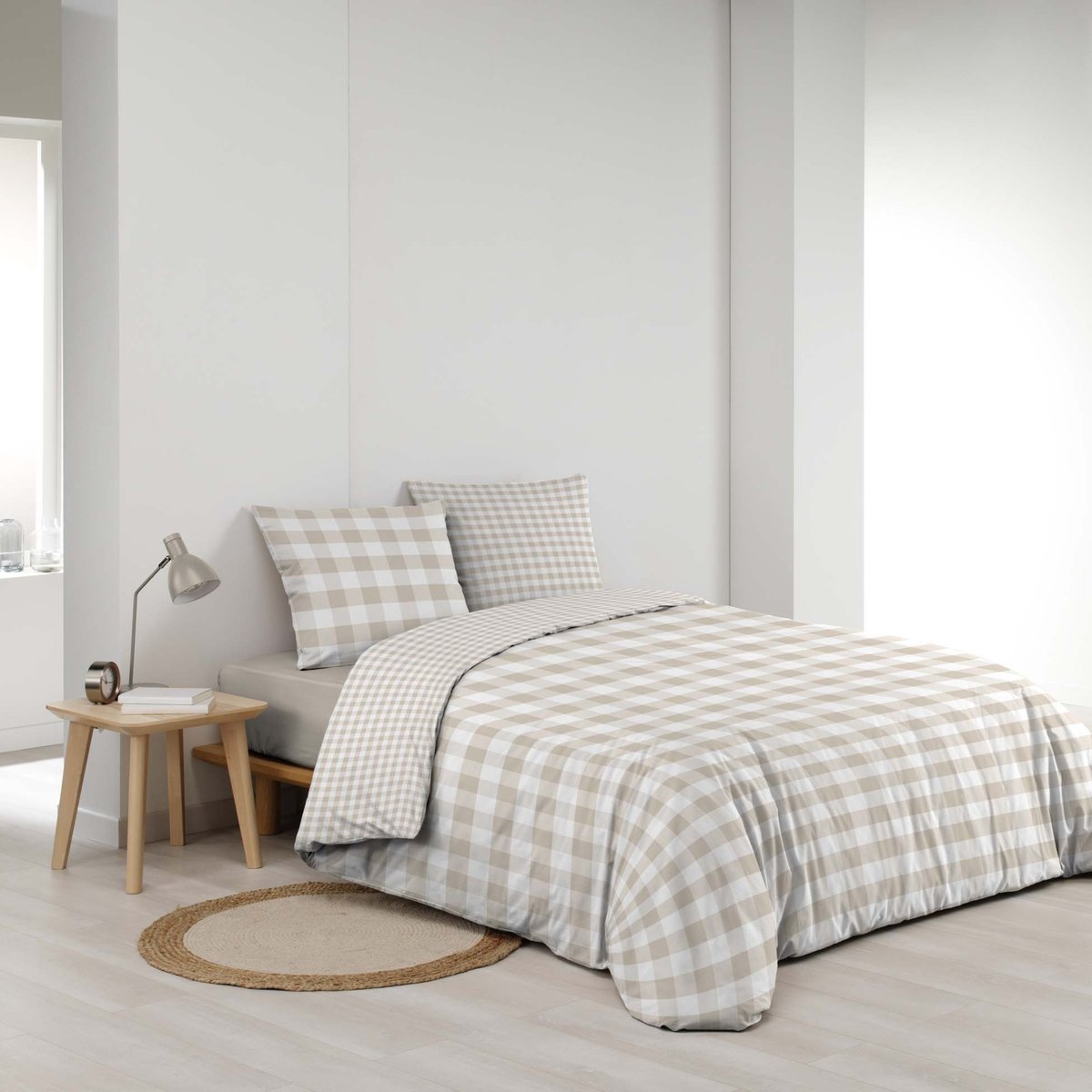 Parure de lit 3 pièces en coton à carreaux housse + taies naturel, DOUCEUR D'INTÉRIEUR