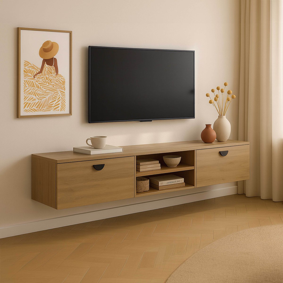 Meuble TV suspendu effet bois 160 cm, JESSY bois clair, OVIALA