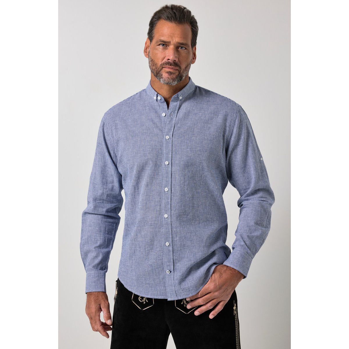Chemise à carreaux en lin mélangé bleu marine, JP1880