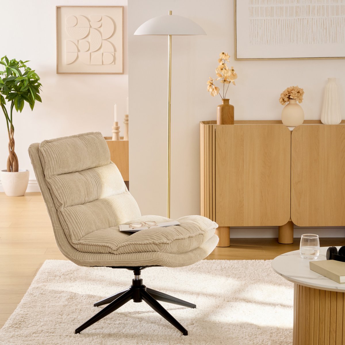 Fauteuil pivotant en velours côtelé HARPER beige, ATMOSPHERA