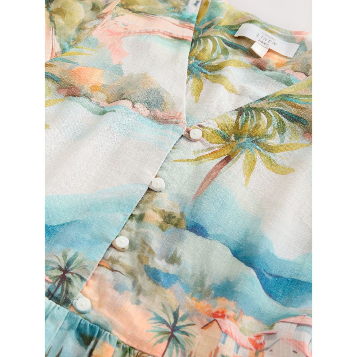 Mini robe boutonnée manches courtes lin impression de la maison bleue, NEXT