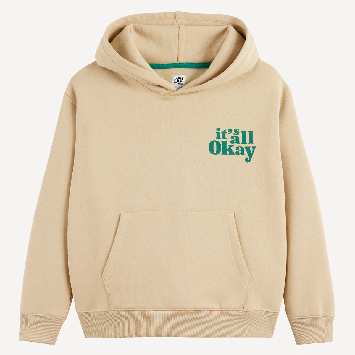 Fleece Hoodie with Slogan beige, LA REDOUTE COLLECTIONS