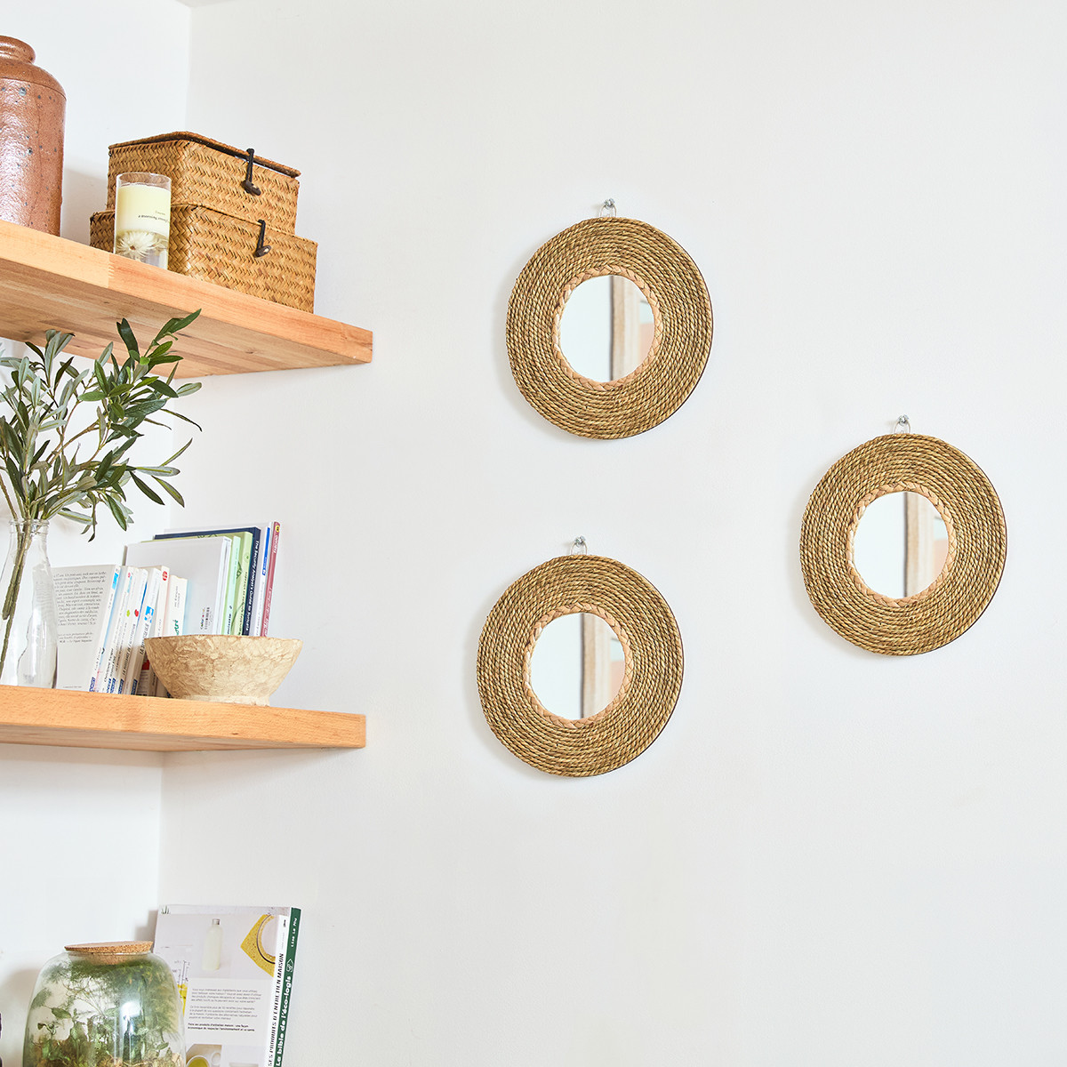 Lot 3 miroirs en jonc de mer 25cm FSC BALI beige, FUTURE HOME