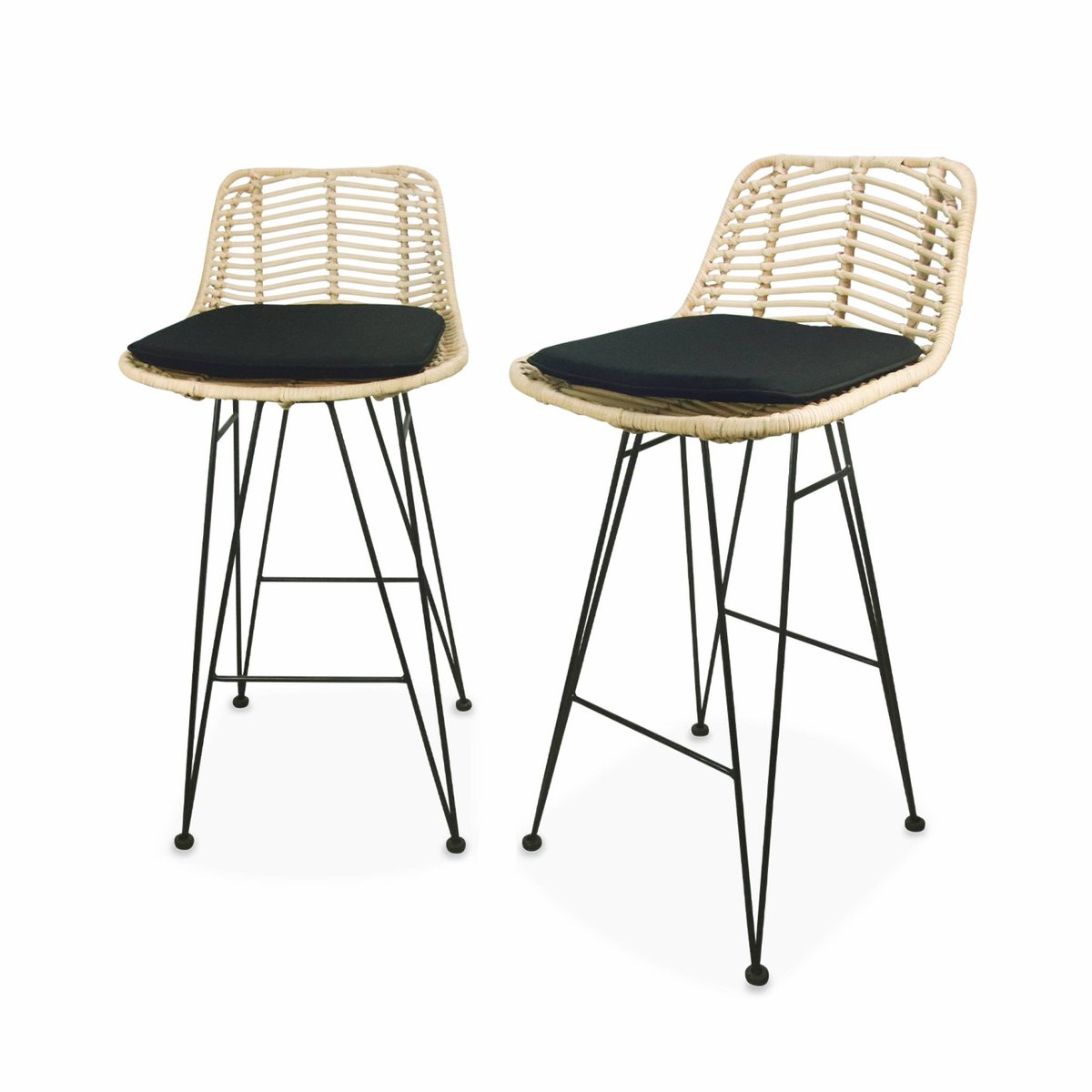 Tabouret de bar métal et rotin 67cm (lot de 2) CAHYA noir, SWEEEK