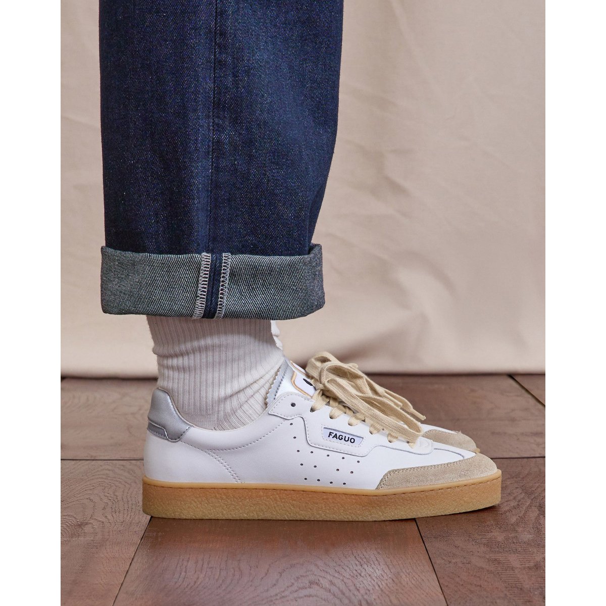 Baskets basses cuir suede LUMBO blanc, FAGUO