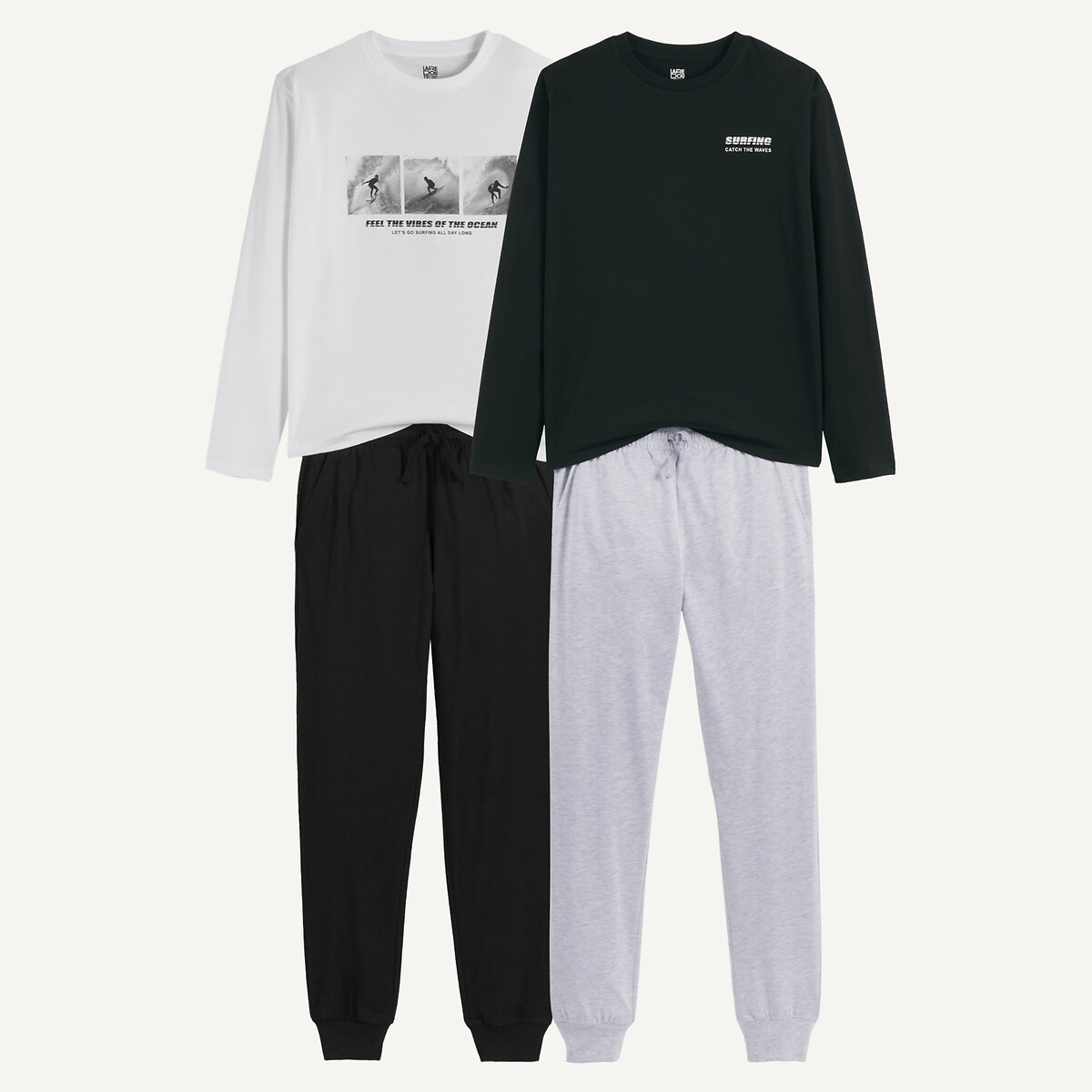 Lot de 2 pyjamas, manches longues, en coton, thème surf noir/blanc/gris, LA REDOUTE COLLECTIONS