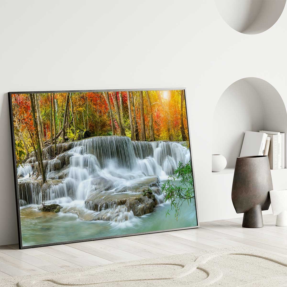 Affiche encadrée – Cascade en forêt automnale affiche + cadre en métal - noir, HEXOA