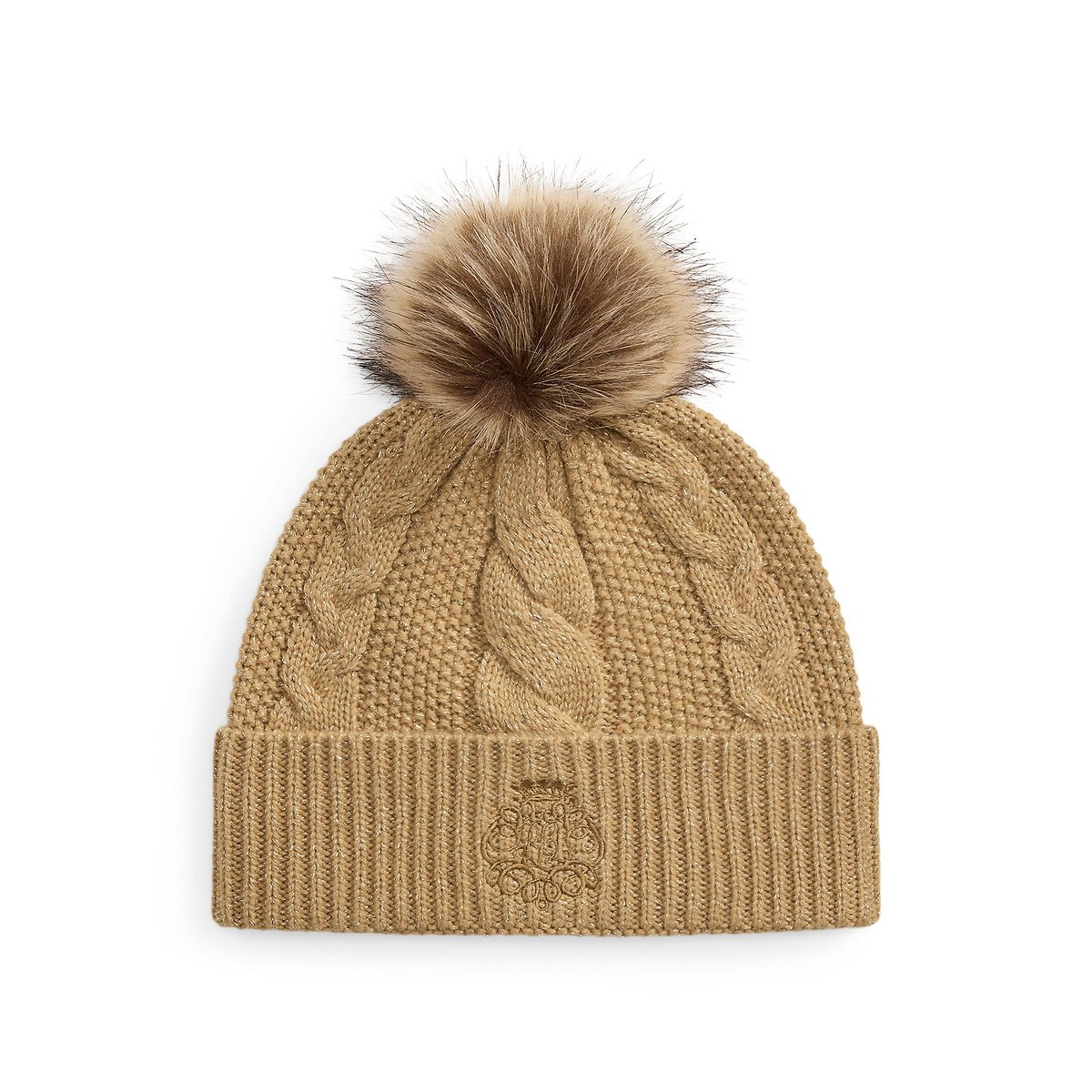 Muts met kabelmotief en pompon camel, LAUREN RALPH LAUREN