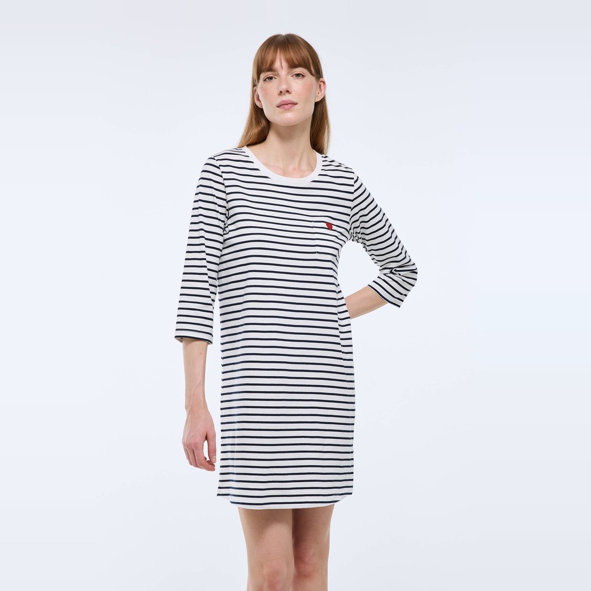 Chemise de nuit rayée avec broderie coeur en coton BIO blanc, MONOPRIX
