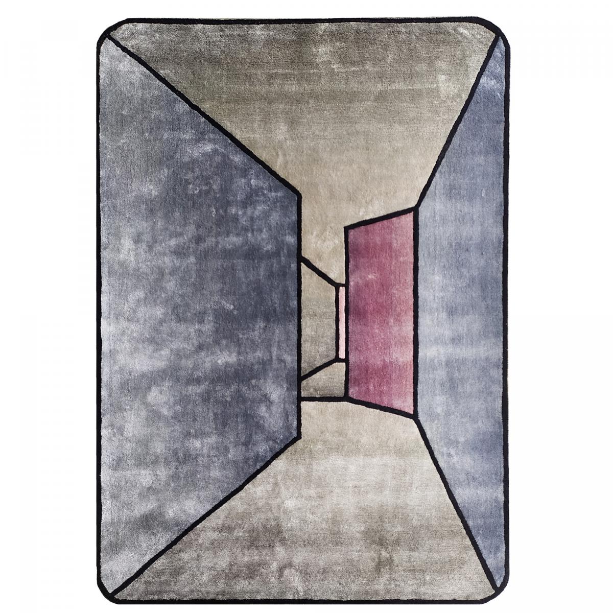 Tapis salon et chambre THE ROOM, fait à la main motif géométrique gris, bleu, noir, rose, UN AMOUR DE TAPIS