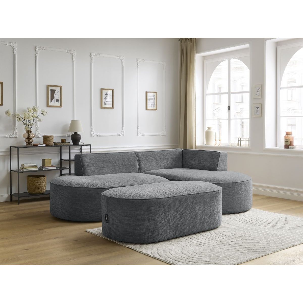 Canapé d'angle fixe 5 places en tissu texturé avec pouf, ROUSSEAU gris foncé, BOBOCHIC