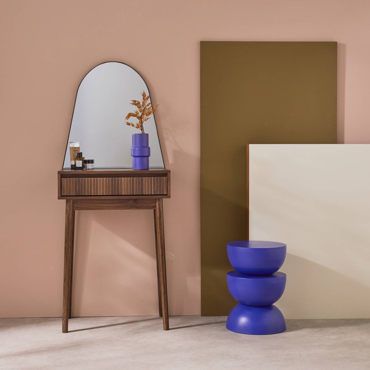 Coiffeuse décor bois miroir arrondi 1 tiroir LINEAR noyer, SWEEEK