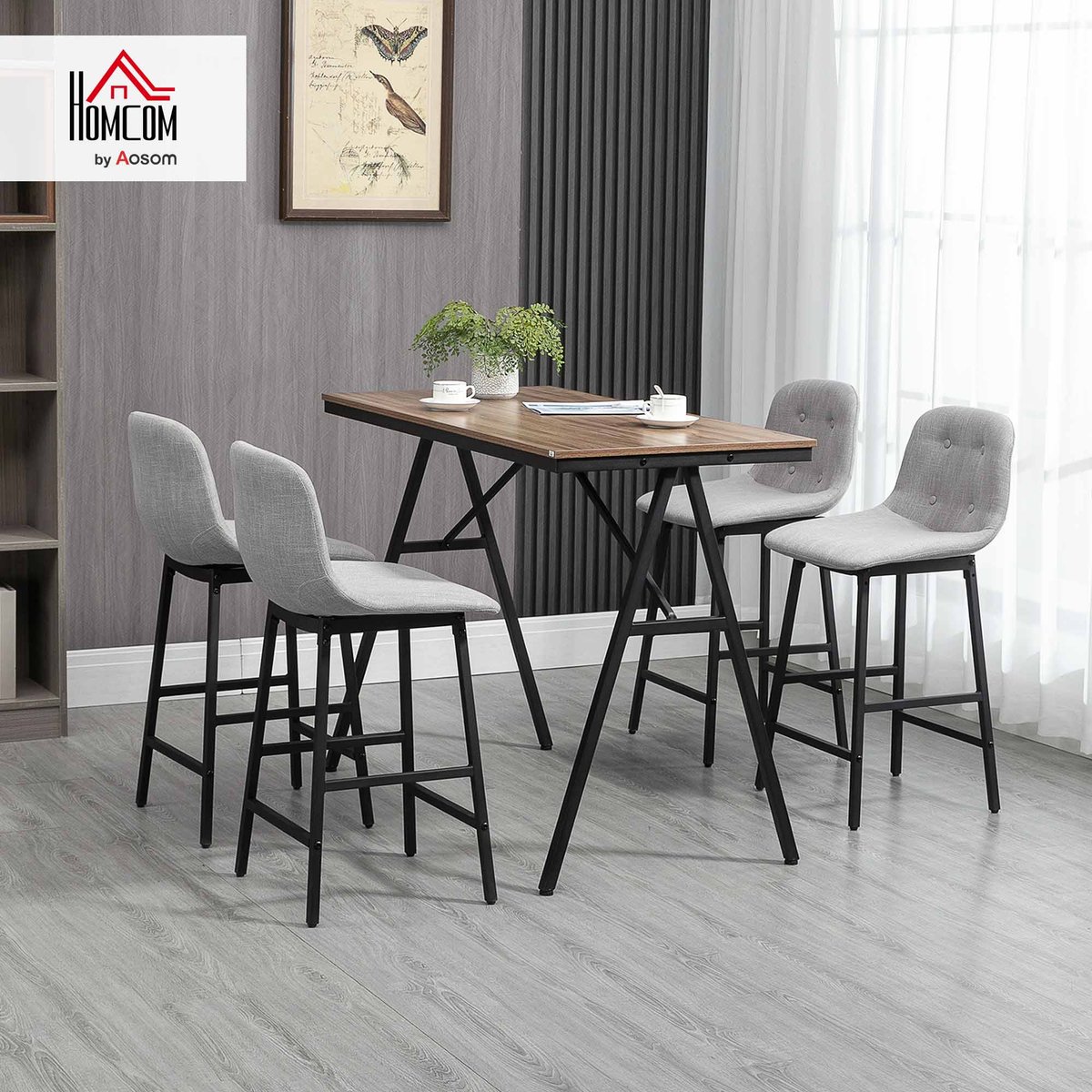 Ensemble de table de bar Acier Gris clair gris clair, bois, noir, HOMCOM