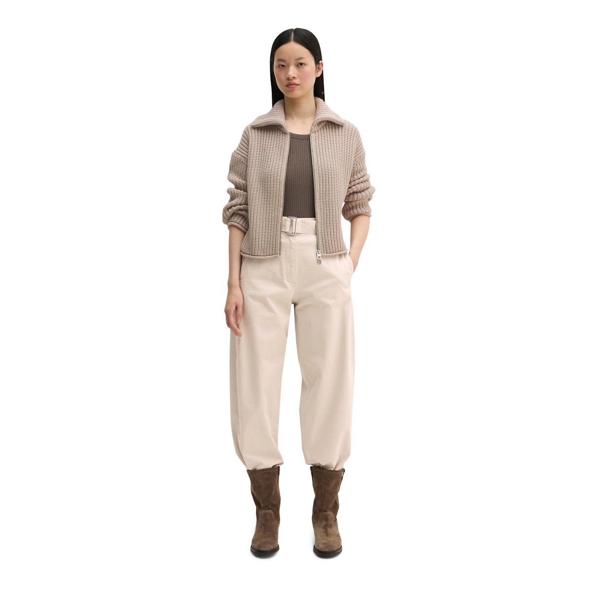 Cardigan zippé loose en mélange de coton organique gris, MARC O'POLO
