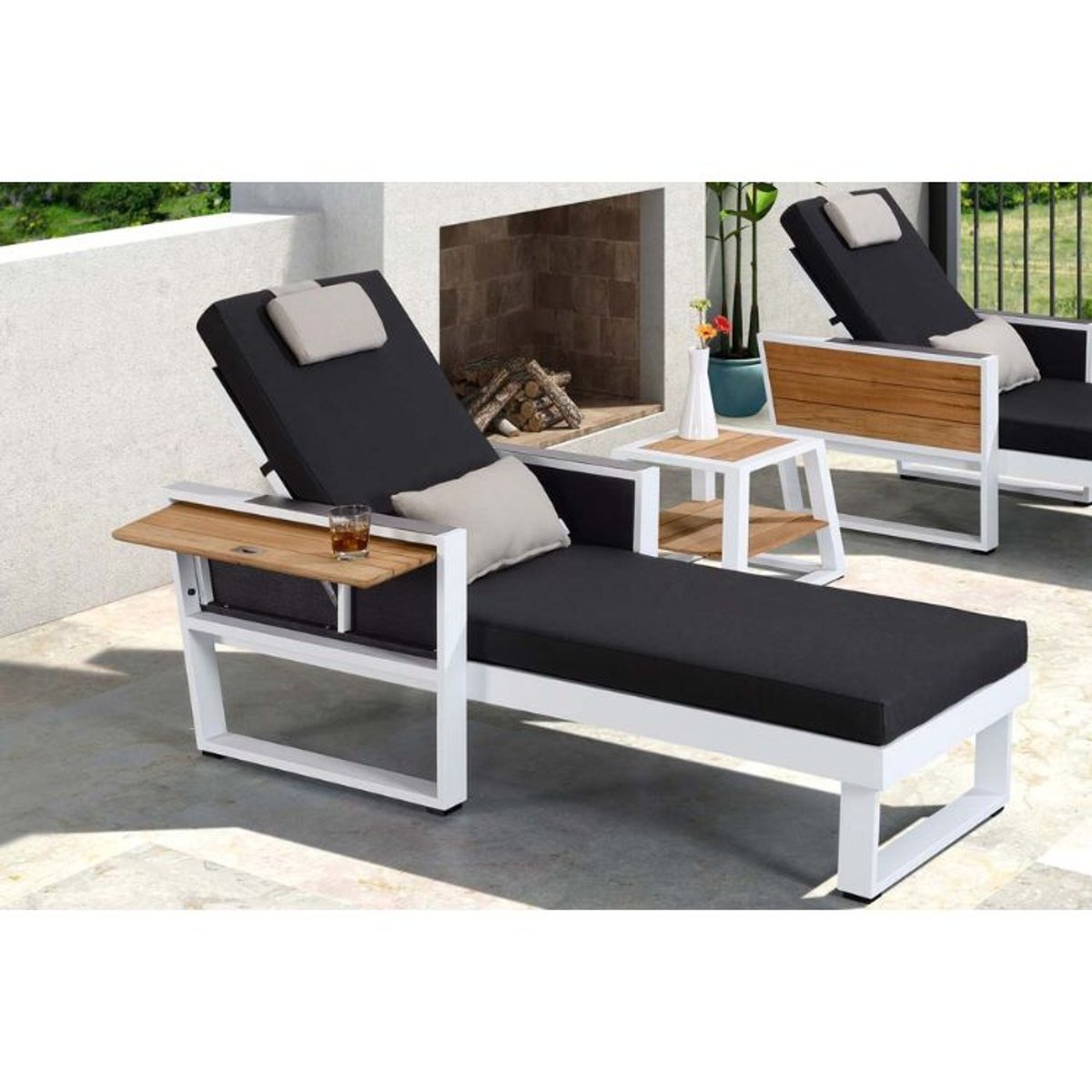 Bain de soleil en aluminium et teck, YORK noir, AU JARDIN DE CHLOÉ