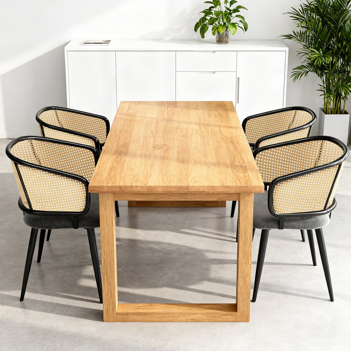 Lot de 4 chaises de salle à manger en velours avec dossier en rotin, pieds en métal noir, style moderne, DEWR-BL gris, MEUBLES COSY