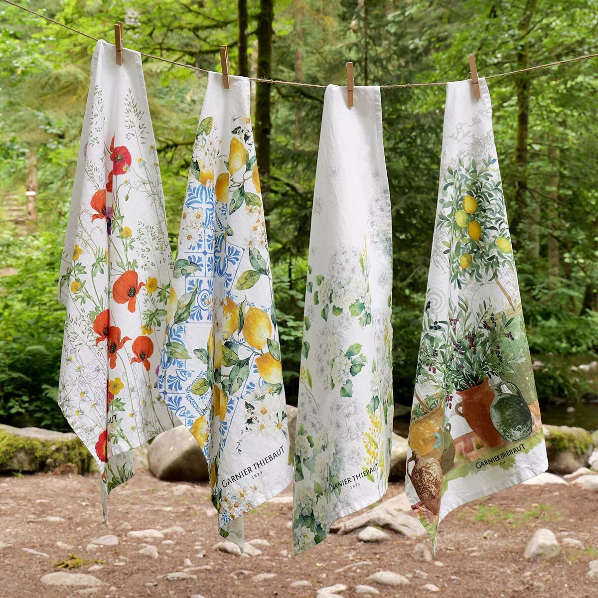 Torchon lin & coton lavé LES COQUELICOTS violet, GARNIER THIEBAUT