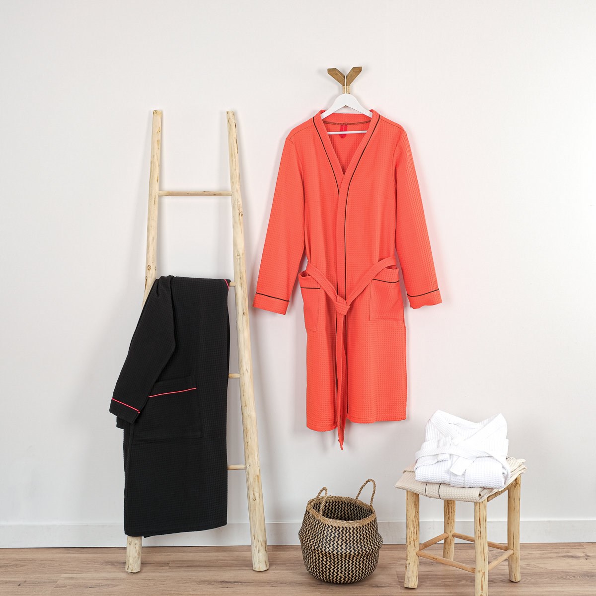 Peignoir mixte en coton 57 fils nid d'abeille KIMONO blanc, LINANDELLE