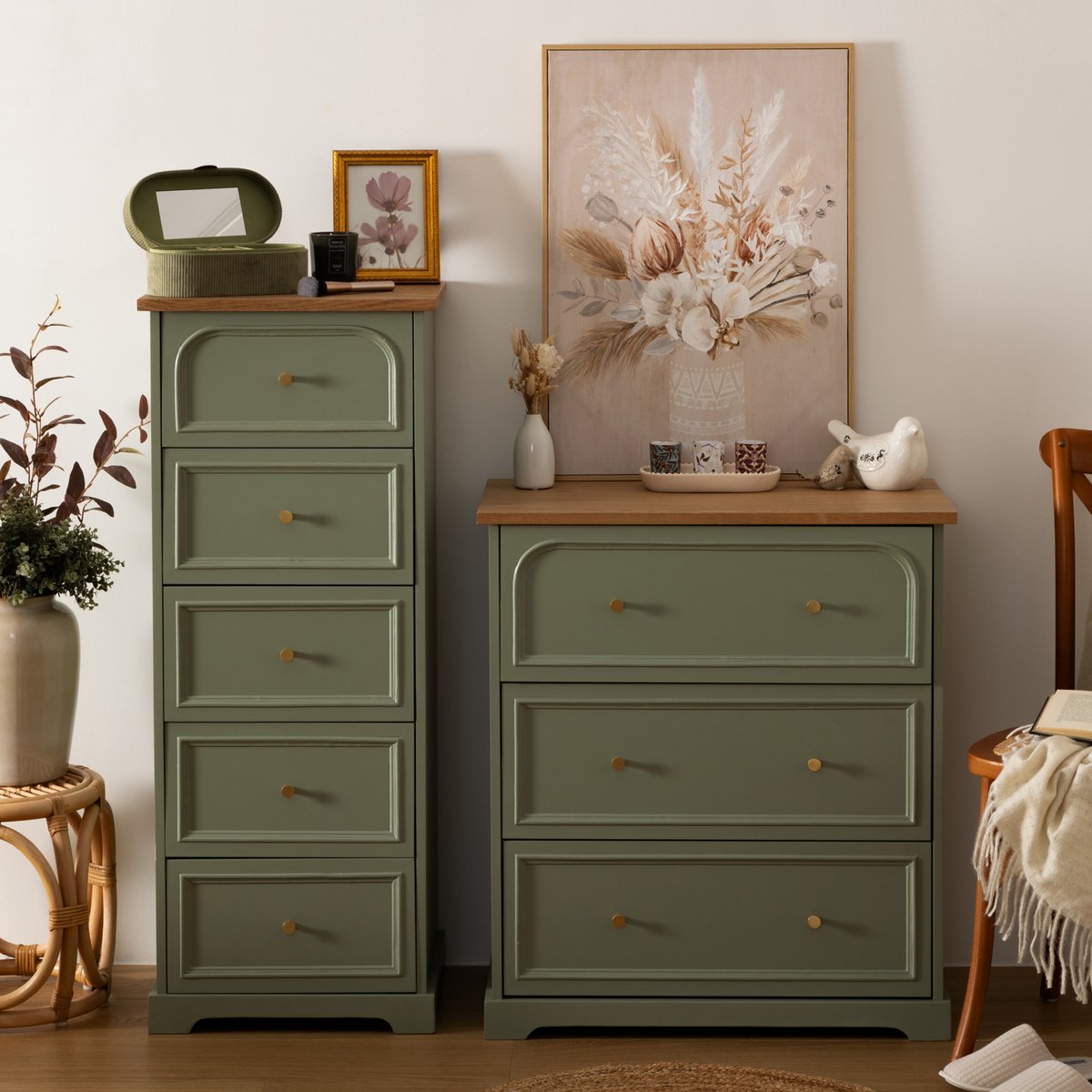 Commode 3 tiroirs plateau placage frêne MOHEA vert céladon, ATMOSPHERA