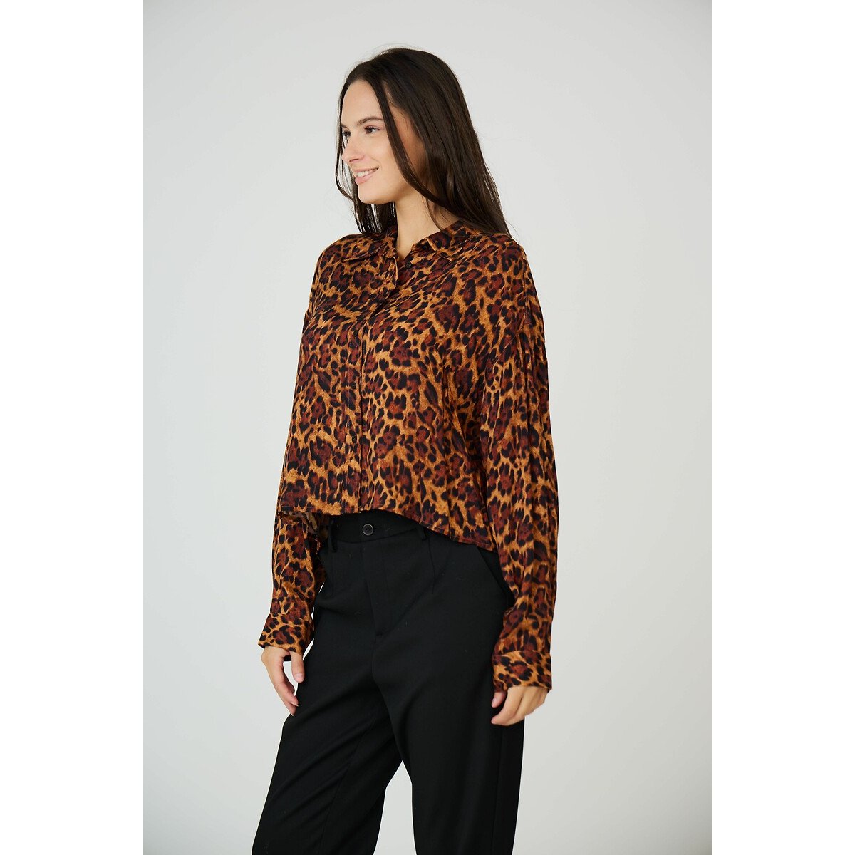 Animal Print V-Neck Blouse brown, SEE U SOON