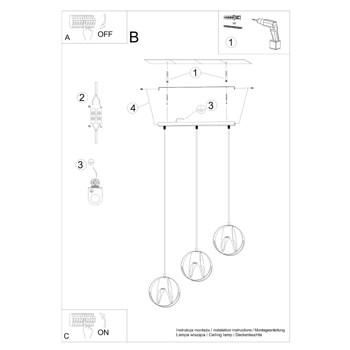 Suspension Acier Noir E27 3 Tulos Line noir, EDEN