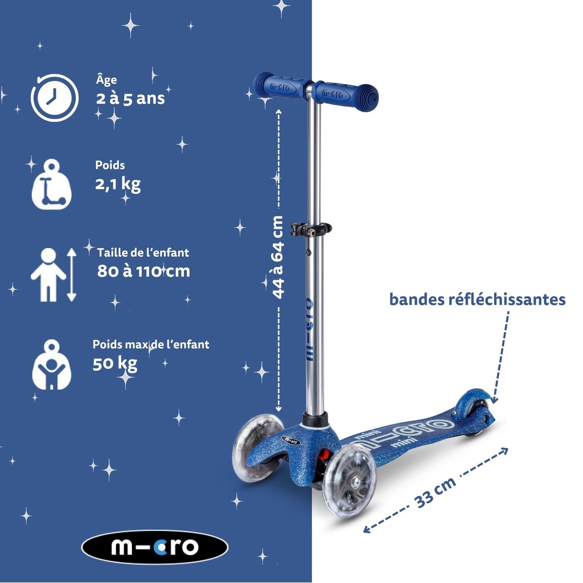 Mini Micro Deluxe Glitter LED - bleu, MICRO MOBILITY