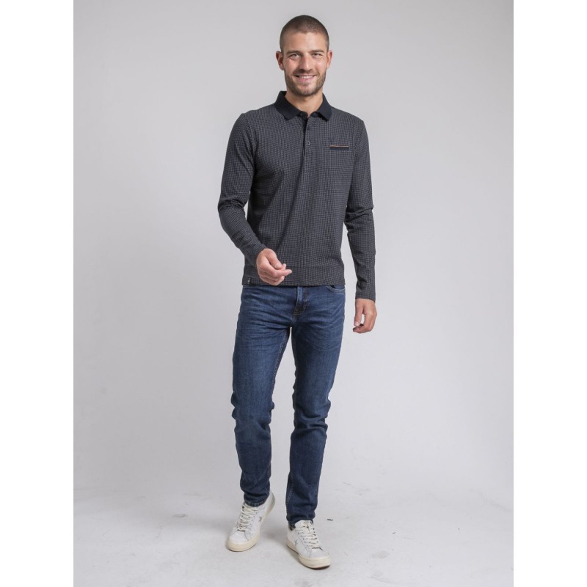 Polo Manches Longues Motifs Pur Coton Poxero bleu marine, RITCHIE