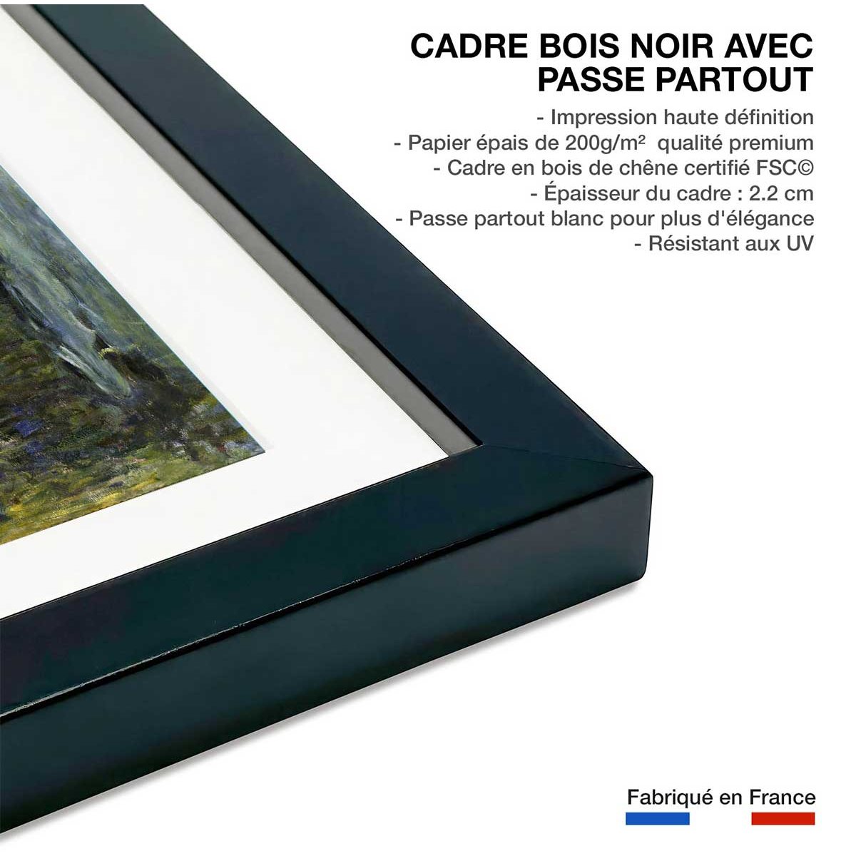 Poster Les Nympheas Claude Monet affiche + cadre en bois - noir, HEXOA