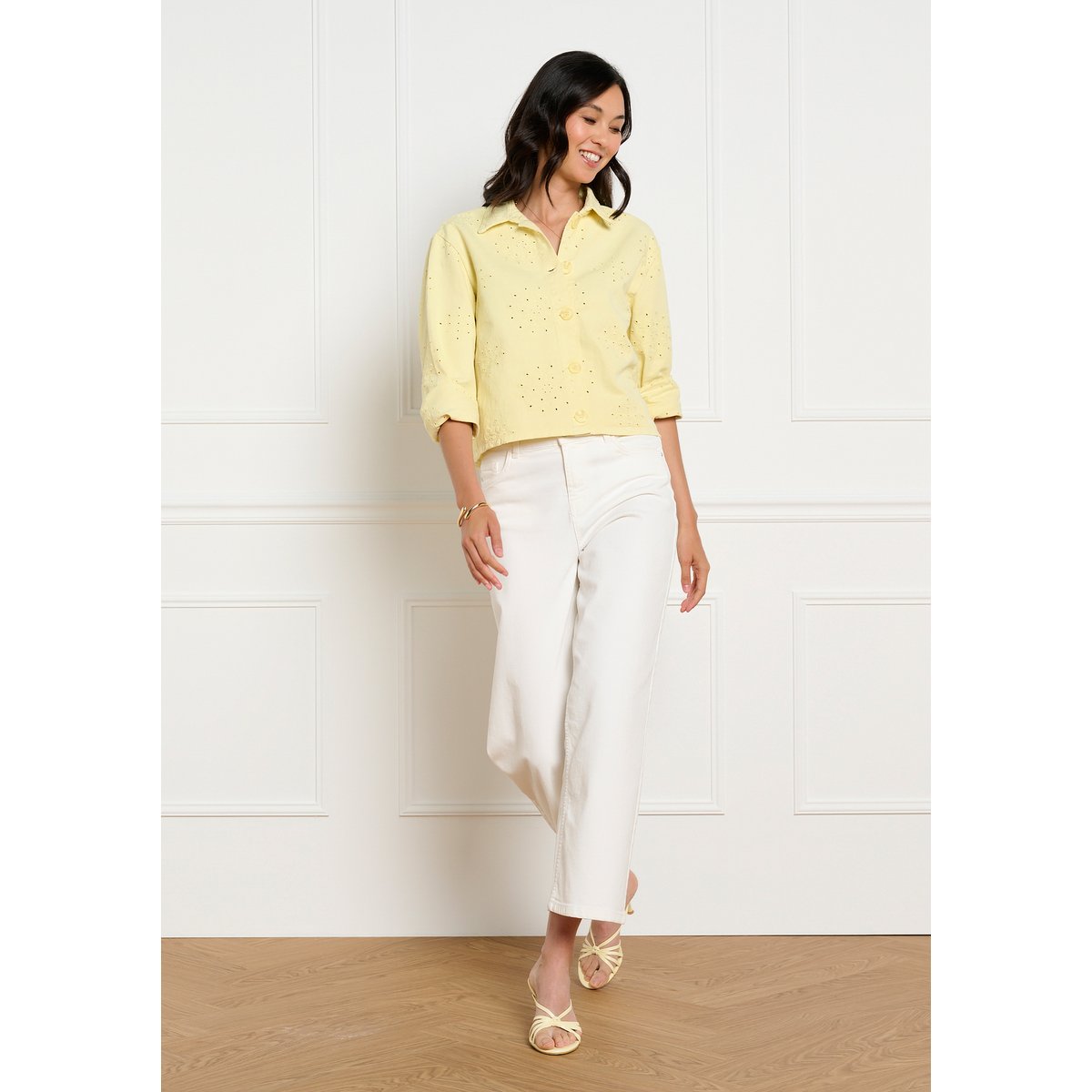 Veste courte en broderie anglaise jaune pastel, LOLALIZA