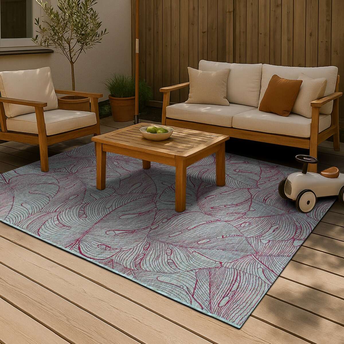 Tapis extérieur intérieur  bordeaux motif feuillage ORSA beige et bordeaux, THE DECO FACTORY