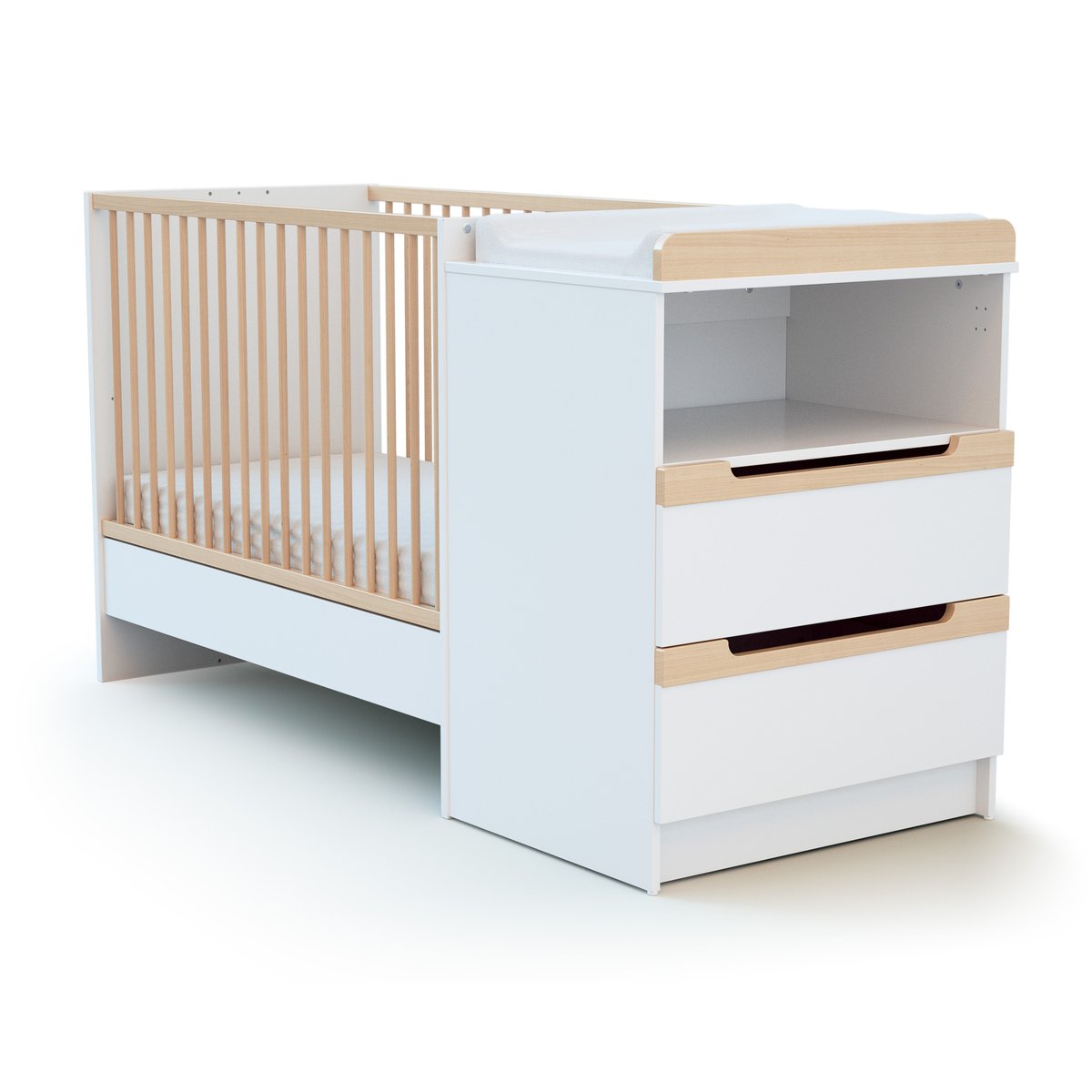 Combiné lit bébé évolutif en bois CARROUSEL blanc et hêtre verni, JURABABY