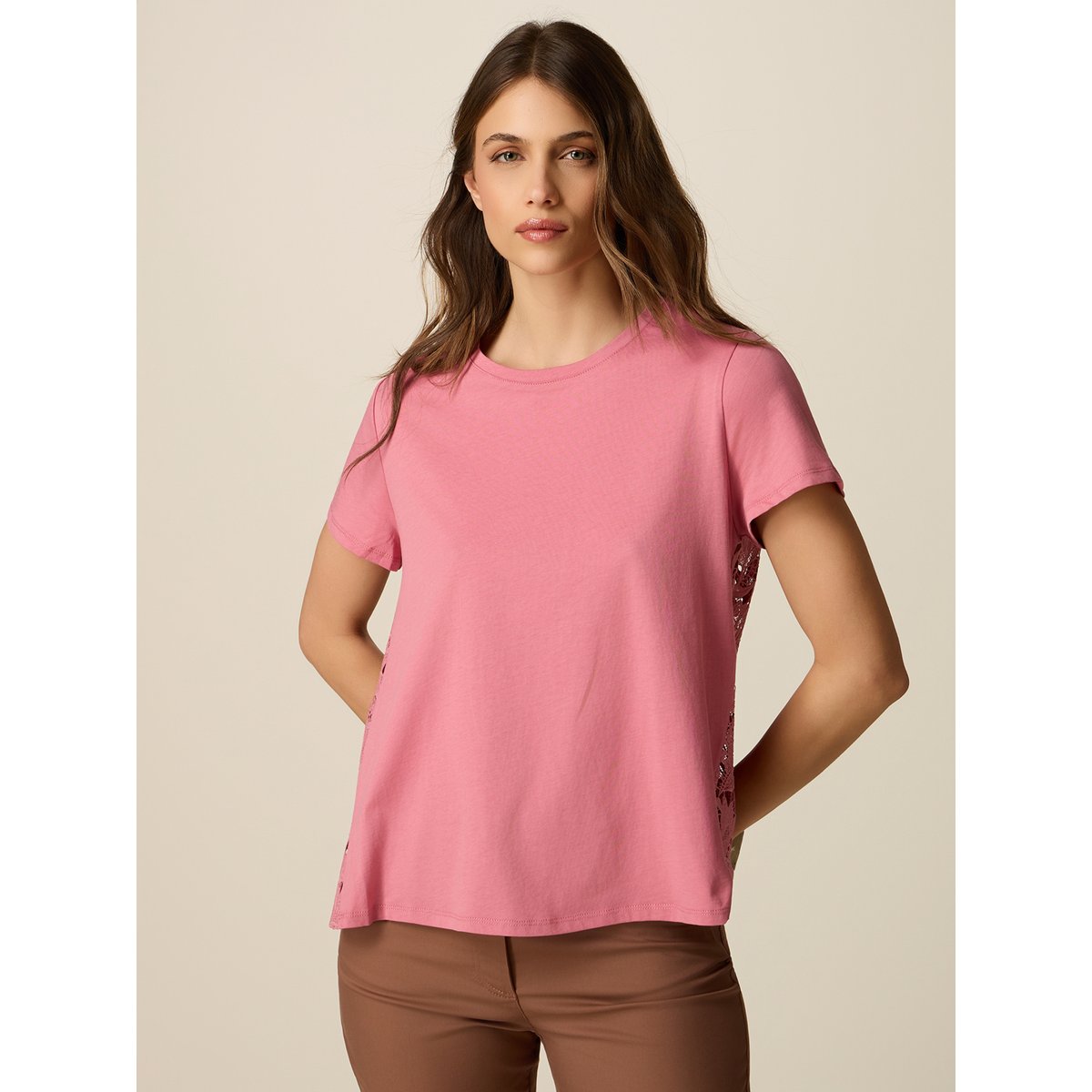 T-shirt avec dos en dentelle rose, OLTRE