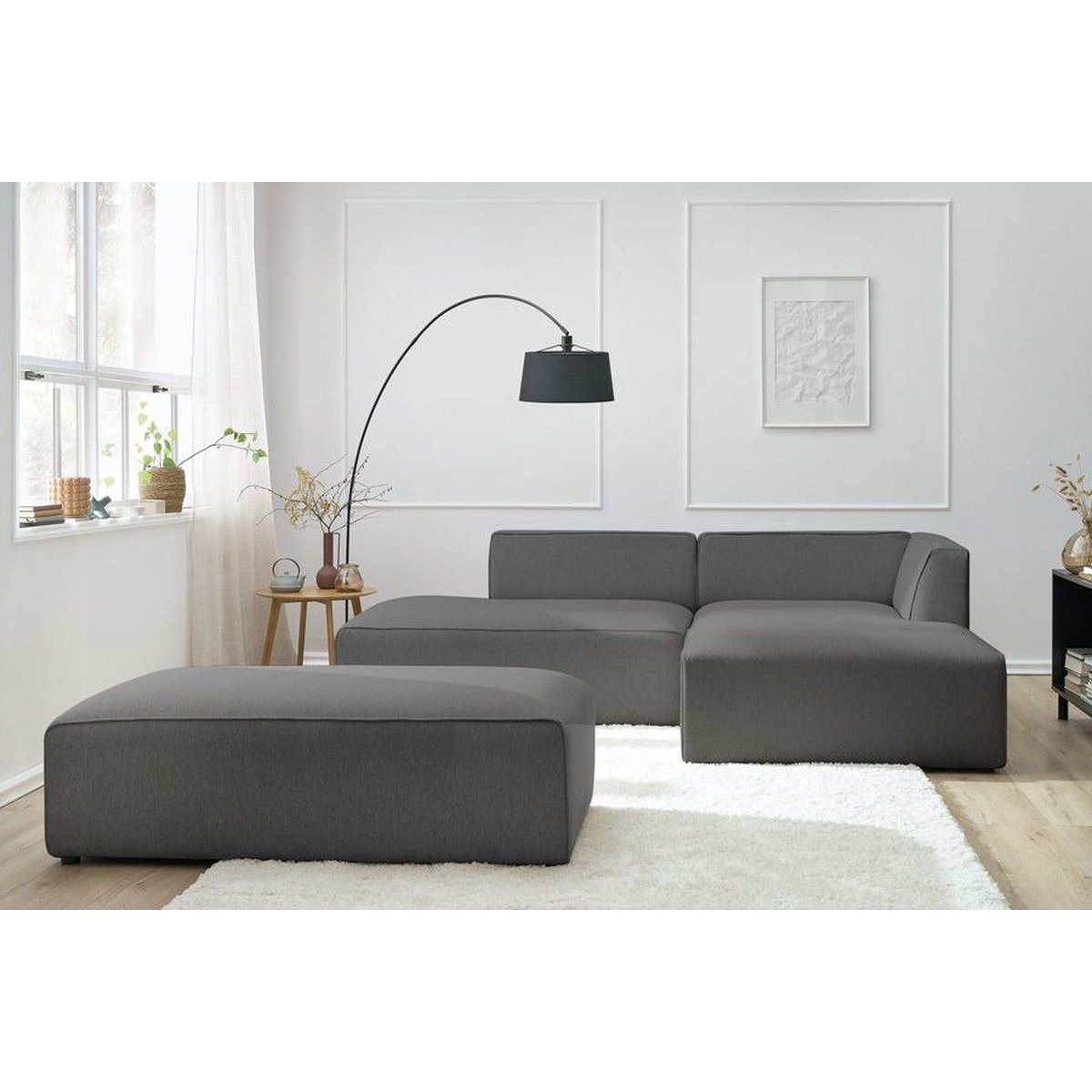 Canapé modulable 5 places en tissu chiné avec pouf, MEGEVE gris foncé, BOBOCHIC