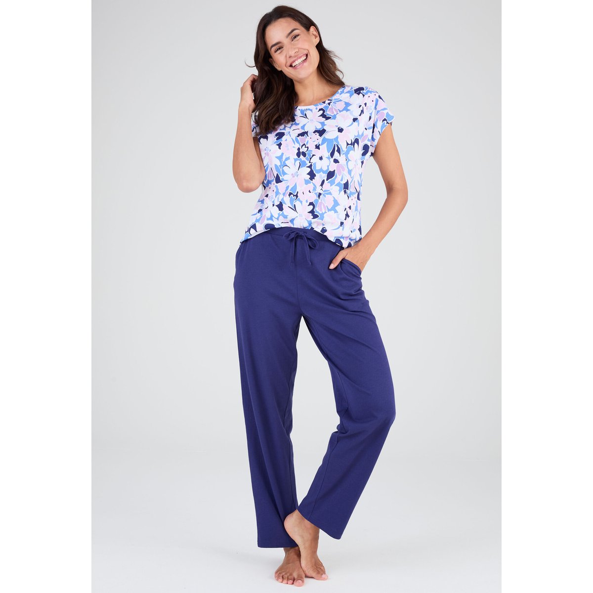 T-shirt de pyjama en pur coton bleu fleuri, DAMART